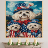 Mother Maltese Dog and Three Puppies in Patriotic Outfits with Star Hats and Red Bows Against Mountain Landscape on Ready to Hang 1.5" Thick Canvas Wrap, Floating Framed Canvas, Flat Rolled Canvas